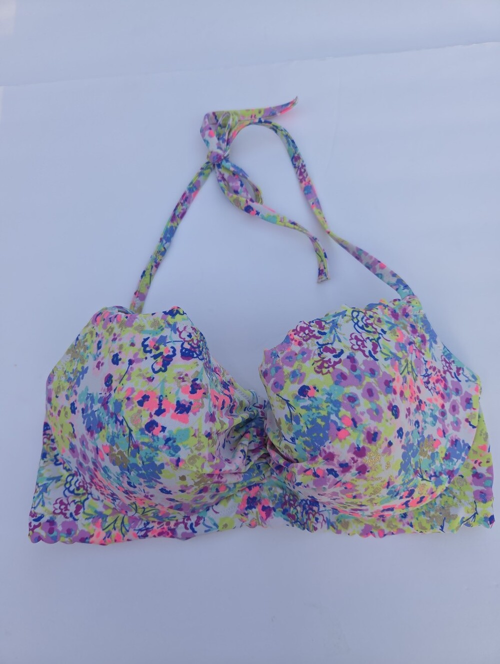 Victoria's Secret Scalloped Neon Floral Bikini Top 36D Gold Shimmer Halter Swim